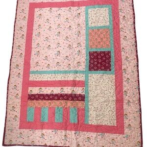 Handmade Pink Patchwork Kids Quilt with Teal and Burgundy Accents western theme